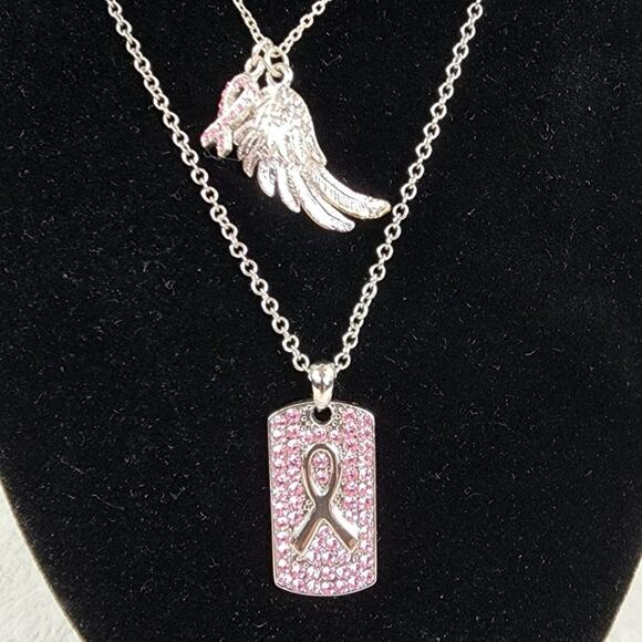 Breast Cancer Awareness Pink Crystal Dog Tag Wings Necklace Set by Cookie Lee - Picture 2 of 7